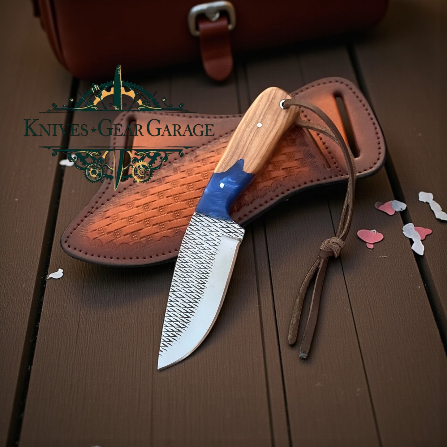 Cowboy Carry Knife – 6.5" Handmade Rasp Steel Blade with Olivewood & Blue Resin Handle