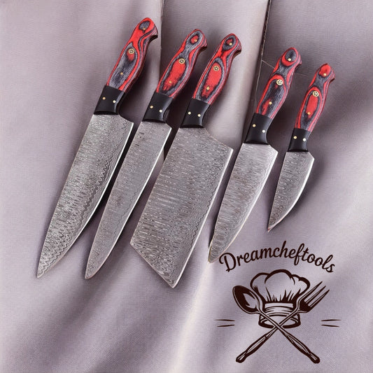 Forged Kitchen Knives – 13” Handmade Damascus Steel Chef Knife with Pakkawood Handle, Resin Bolster & Leather Sheath