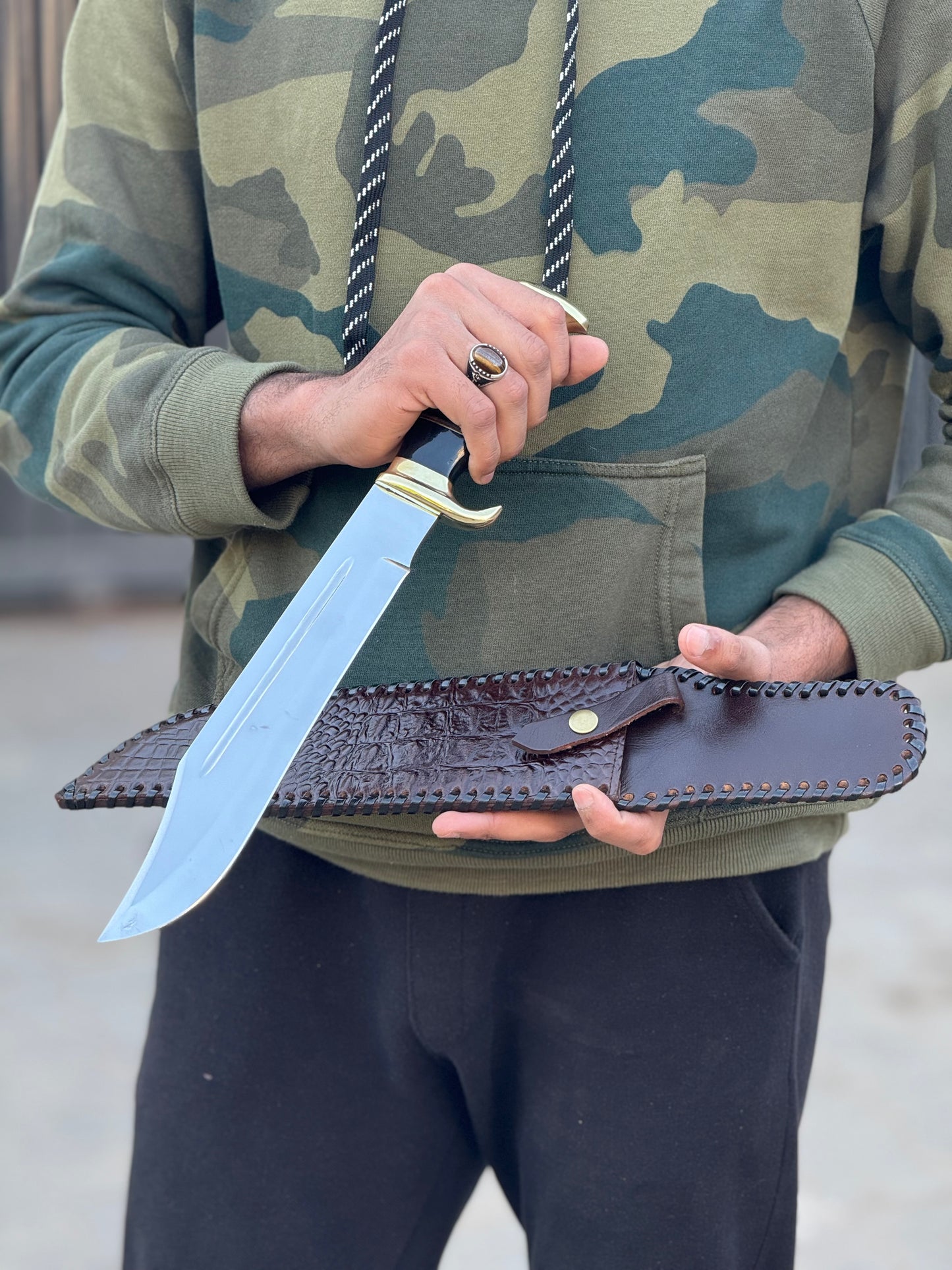 Legendary Custom Handmade 440C Steel Crocodile Dundee Bowie Knife - 16 Inch Blade with Luxurious Leather, Buffalo Horn, and Brass Handle, Comes with Premium Leather Sheath and Belt Loop