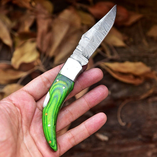 Best Handmade Damascus Pocket Knife with Rosewood Handle and Belt Loop Leather Case