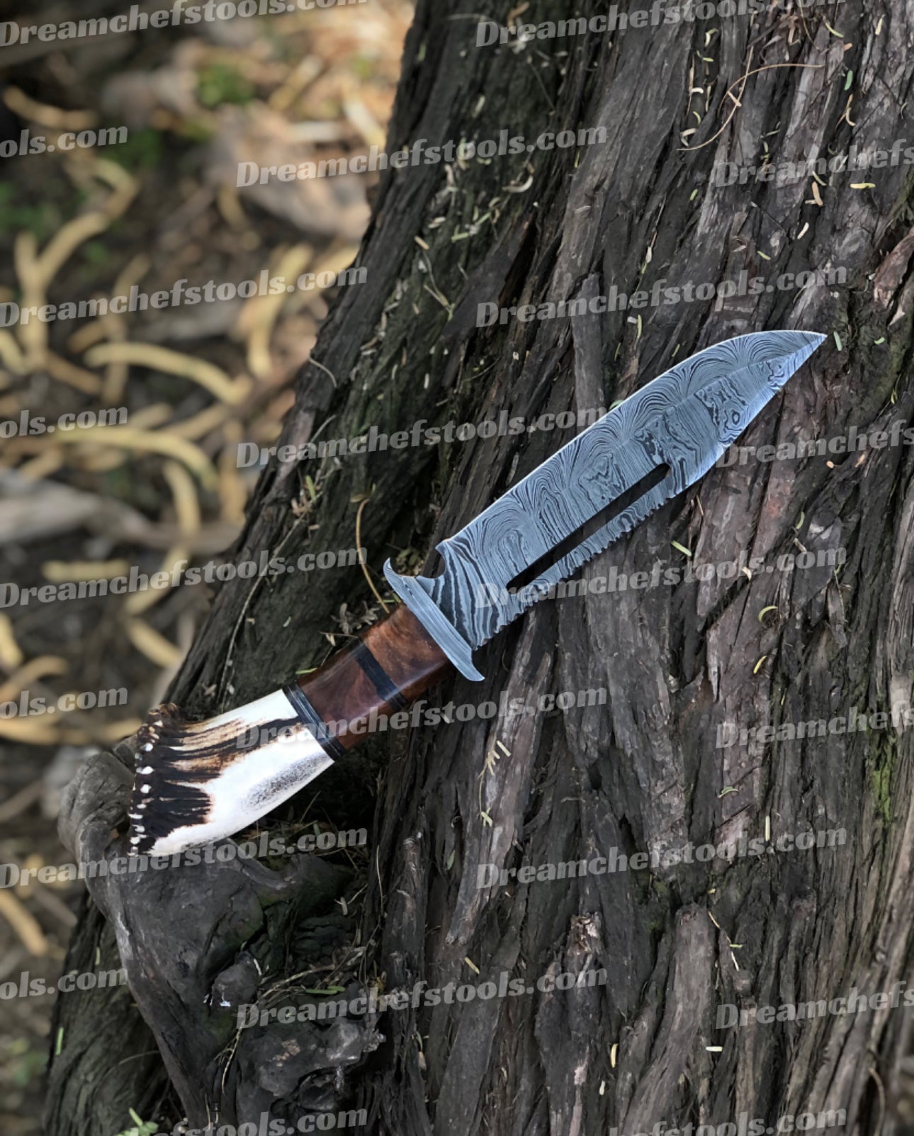 Bowie Knife with Damascus Steel Guard - Handmade with a unique stag crown antler and rosewood handle