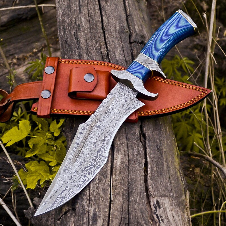 Handmade Damascus Steel Bowie Knife with Pakkawood Handle and Damascus Steel Guard, 13 inches with Leather Sheath