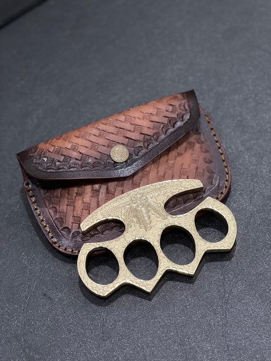 Brass Knuckles Engraved with Badass Patriotism – Solid Brass with Leather Case for Self Defense