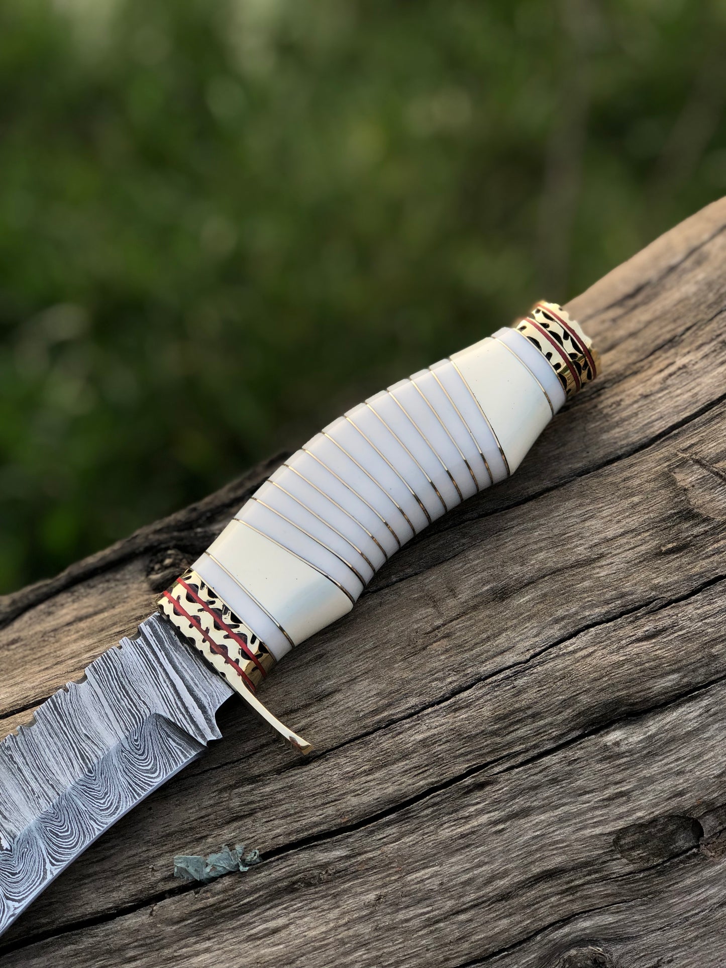 Handmade Damascus Steel Blade Bowie Knife Decorated Camel Bone Handle