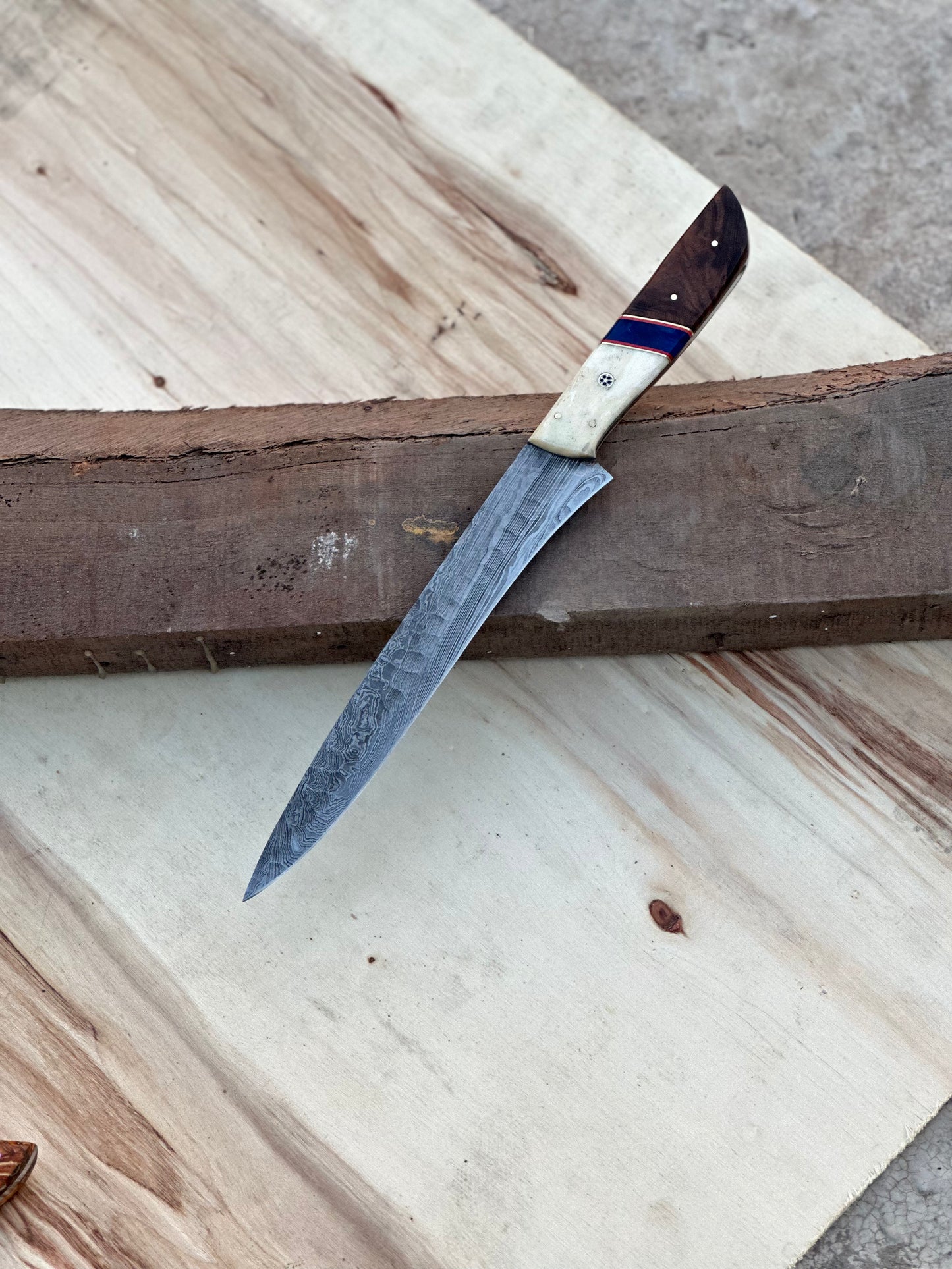 Handmade Damascus Steel Large Fillet Knife Hunting Fishing, Full Tang 13.5 inch