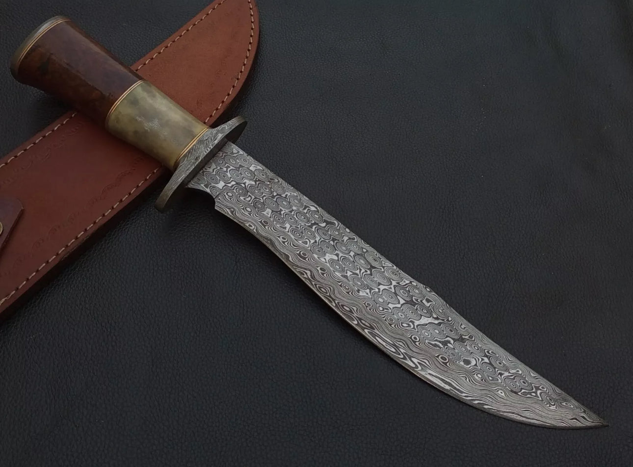 Custom 15-Inch Bowie Knife with Color Bone Handle, Damascus Guard, and Leather Sheath.