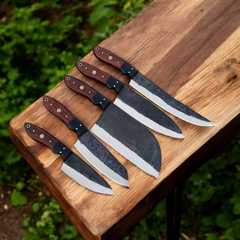 "Custom Chef Knife Set with Stainless Steel Blades and Rose Wood Handles"