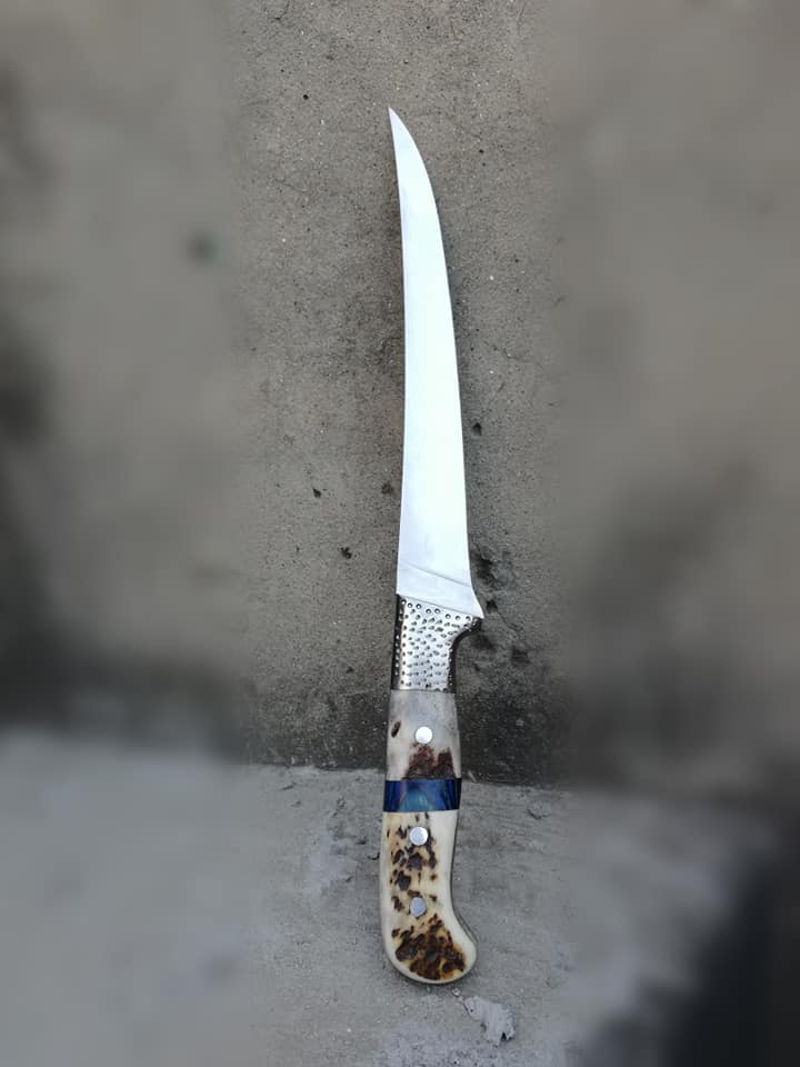 Custom D2 Steel Fillet Knife with Antler Horn Handle and Steel Bolster"