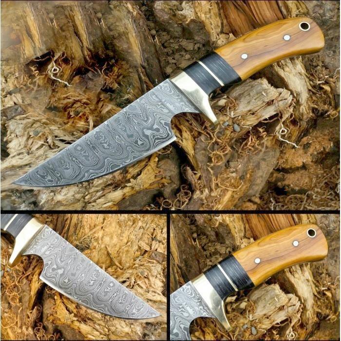 Custom Damascus Steel Hunting Knife with Olive Wood and Pakkawood Handle and Steel Guard