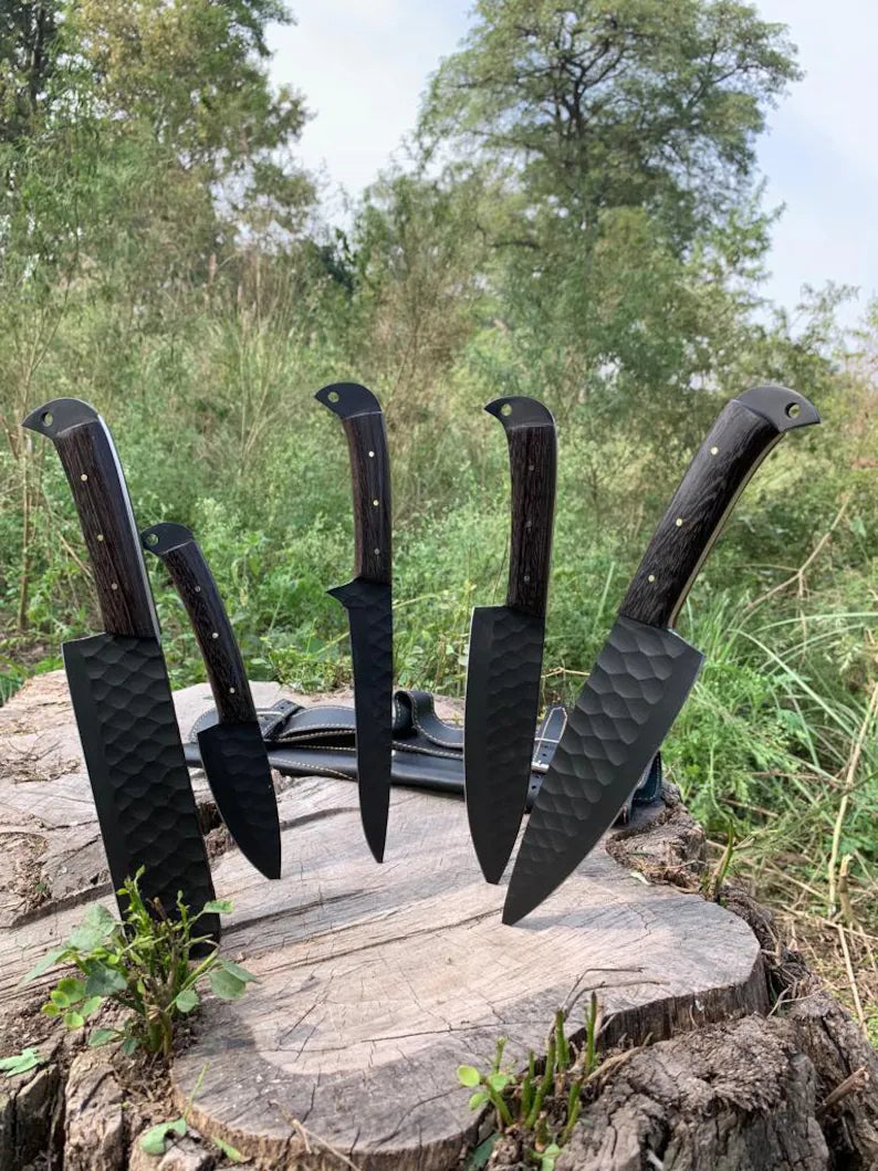 Custom Damascus steel knife set with Wangi wood handles, designed for versatile kitchen and outdoor tasks, featuring 9 to 13-inch blades