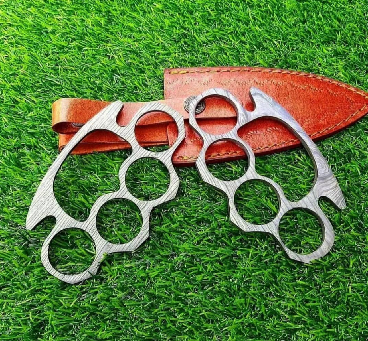Custom Damascus steel knuckles with leather case for self-defense