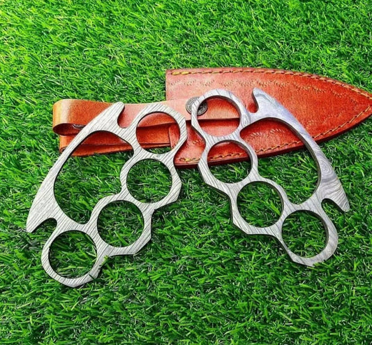 Custom Damascus steel knuckles with leather case for self-defense