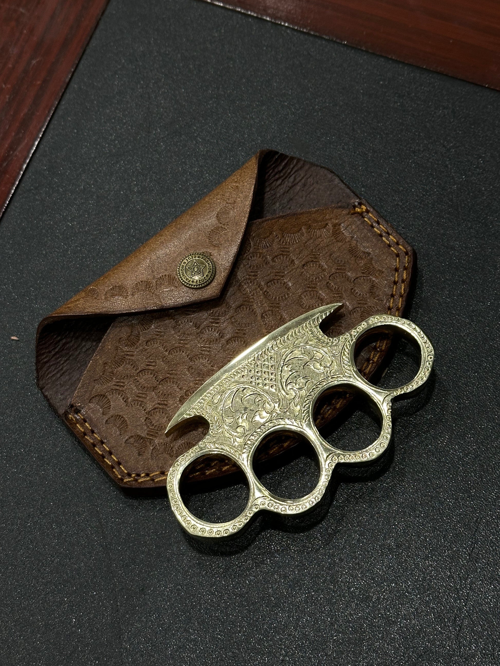 Custom Engraved Brass Knuckles with Belt Loop Leather Case