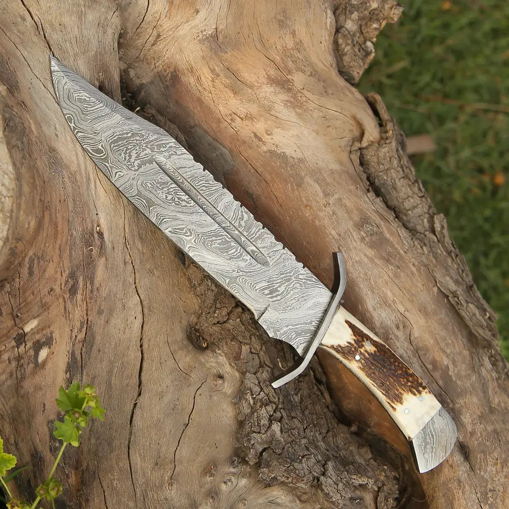 Custom Handmade 15-Inch Damascus Steel Bowie Knife with Stag Handle and Damascus Guard, Includes Leather Sheath