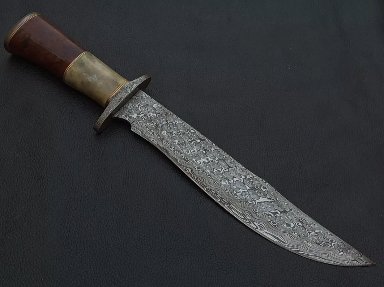 Custom Handmade 15” Bowie Knife with Color Bone Handle and Damascus Steel Guard, Includes Leather Sheath