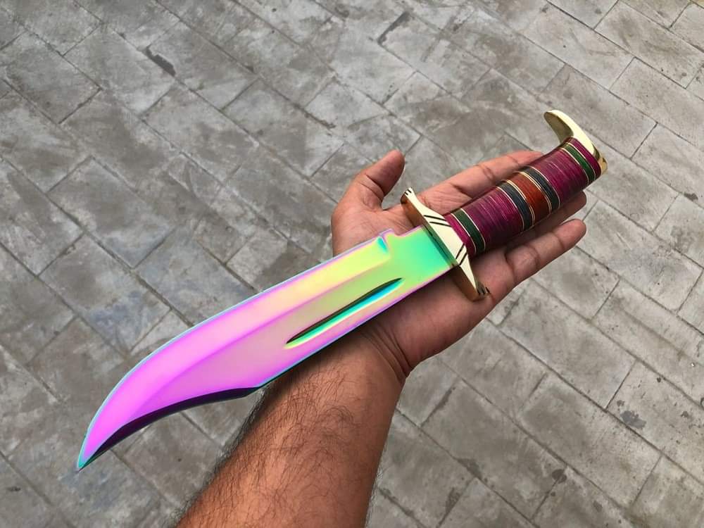 Custom Handmade 15" D2 Titanium Steel Bowie Knife with brass guard and pakkawood handle, includes leather sheath