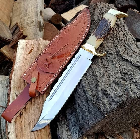 Custom Handmade 15” J2 Steel Bowie Knife with stag handle and brass guard, includes leather sheath