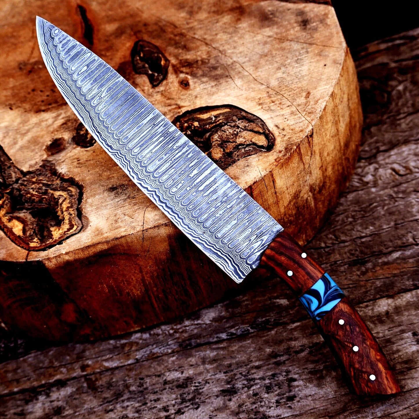 "Custom Handmade 7-inch Damascus Steel Chef Knife with Rosewood and Resin Handle