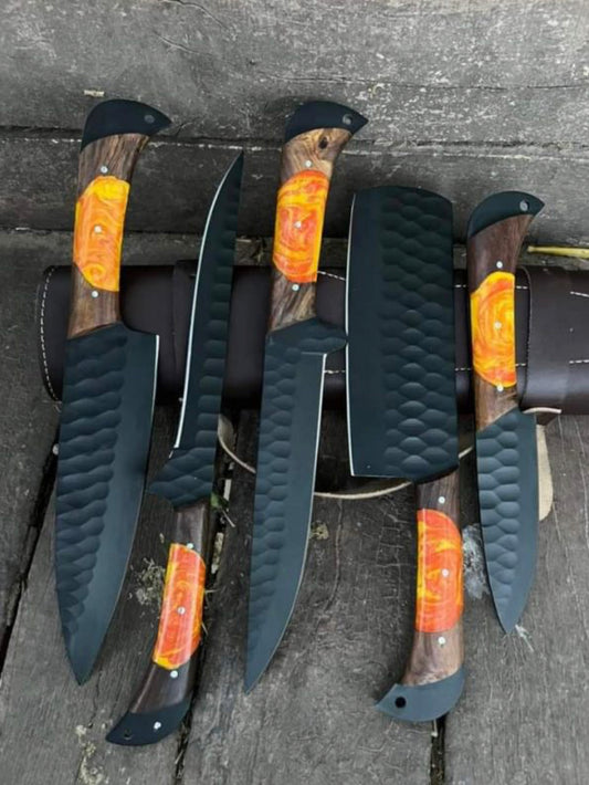 Custom Handmade Damascus Cooking Knife Set on wooden cutting board