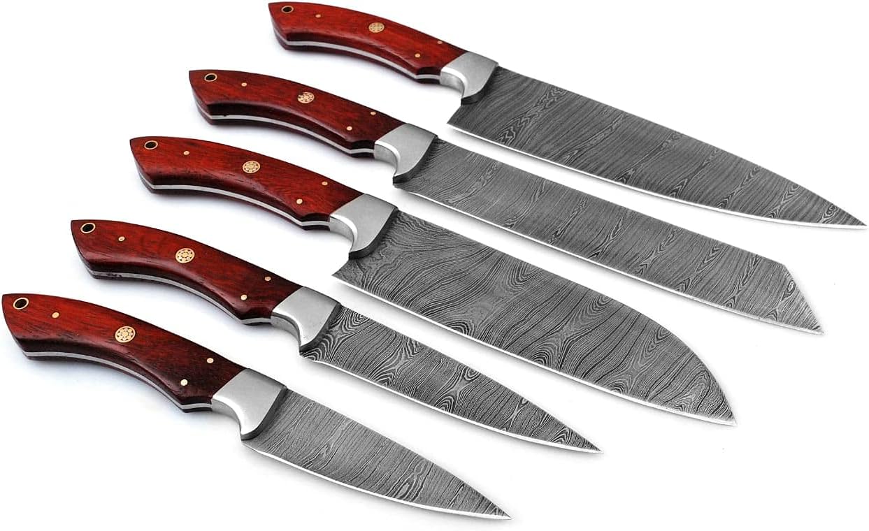 Custom Handmade Damascus Kitchen Knife Set with 9-13 inch hand-forged steel blades, rosewood handles, steel bolster, and full-tang construction with protective case for USA buyers