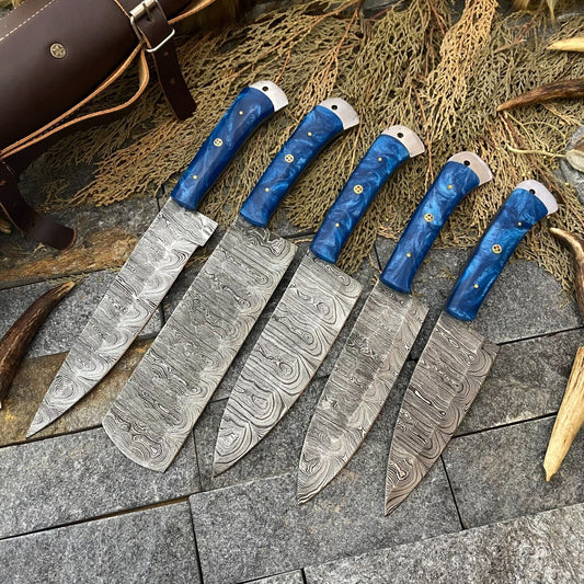 Custom Handmade Damascus Knife Set with Hand-Forged Blades and Resin Handles