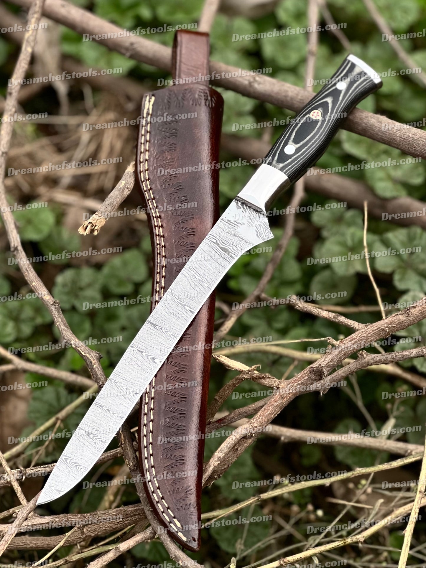 Custom Handmade Damascus Steel Fillet Knife – 13" G10 Handle with Leather Sheath | Premium Flexible Fillet Knife for Fishing & Kitchen