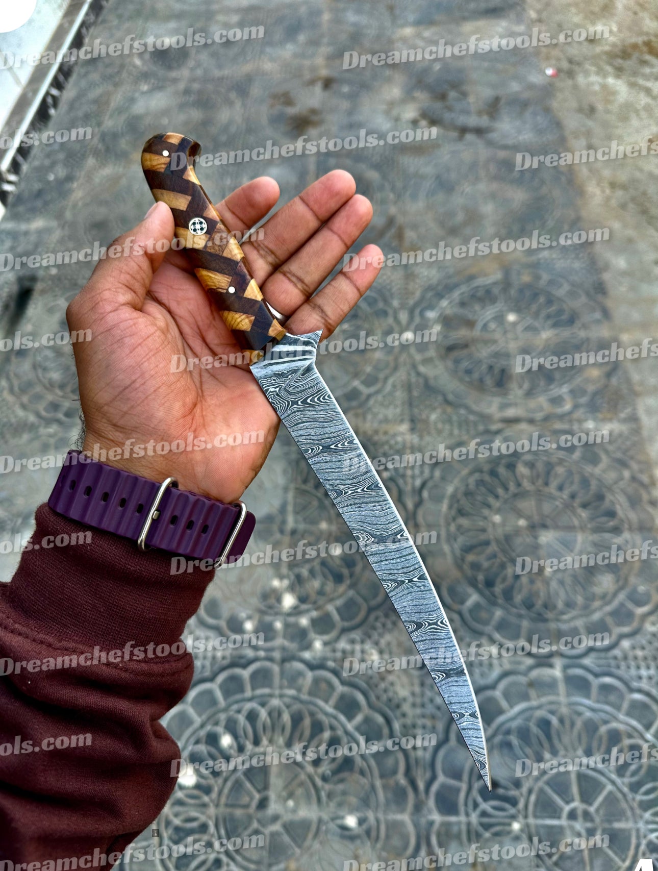 Custom Handmade Damascus Steel Fillet Knife with Rosewood and Olive Wood Handle