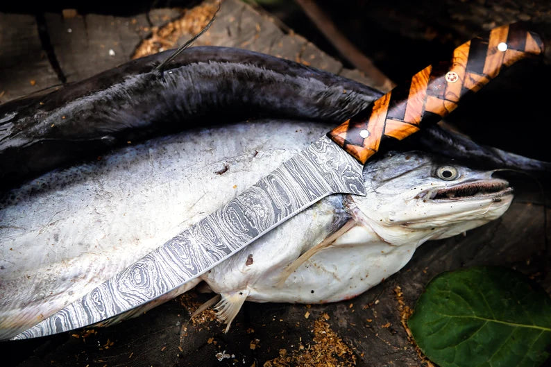 Custom Handmade Damascus Steel Fillet Knife with Rosewood and Olive Wood Handle"
