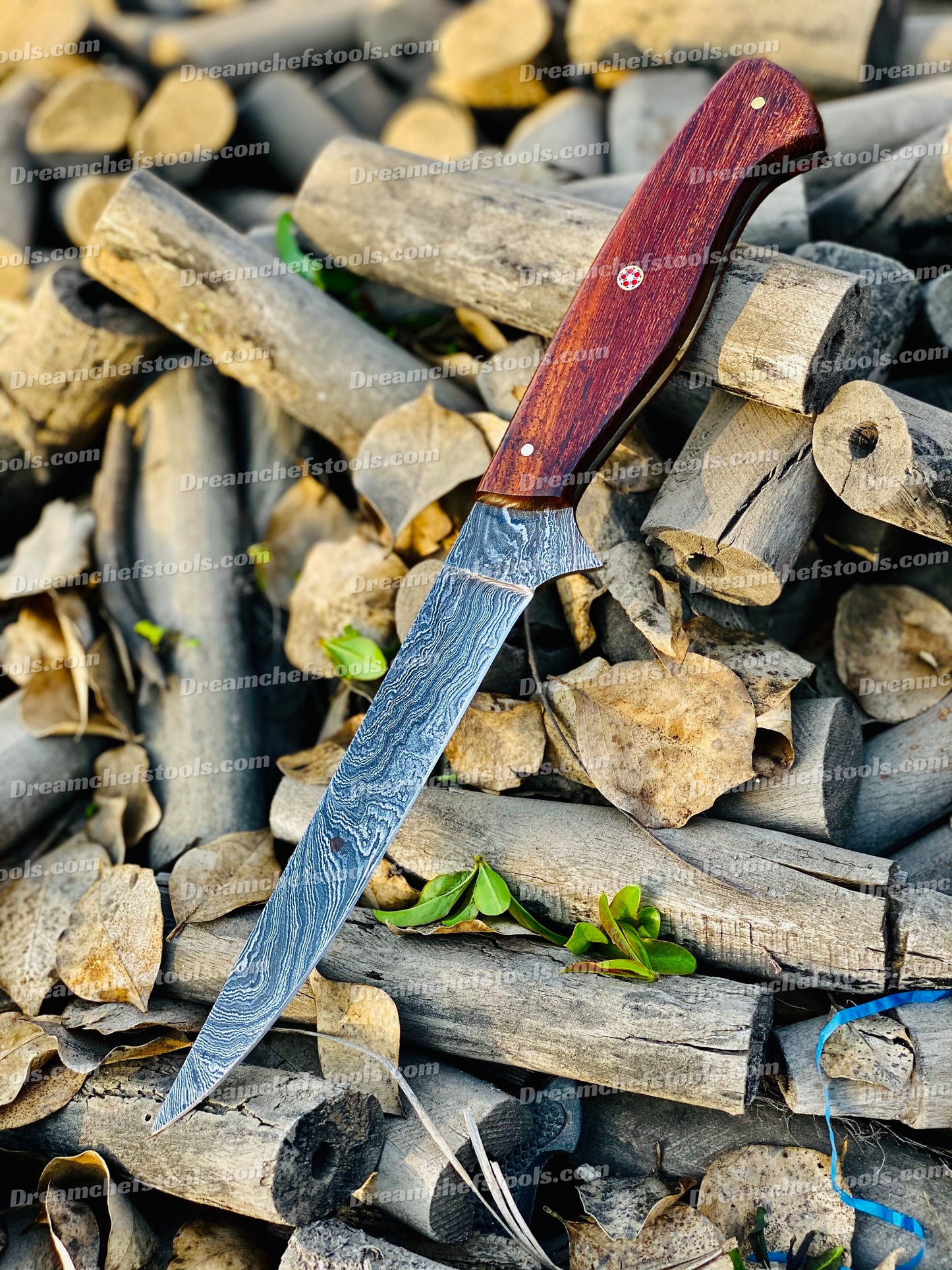 Custom Handmade Damascus Steel Fishing Fillet Knife with 13" Blade, Antler Horn Handle, Damascus Guard, and Leather Sheath