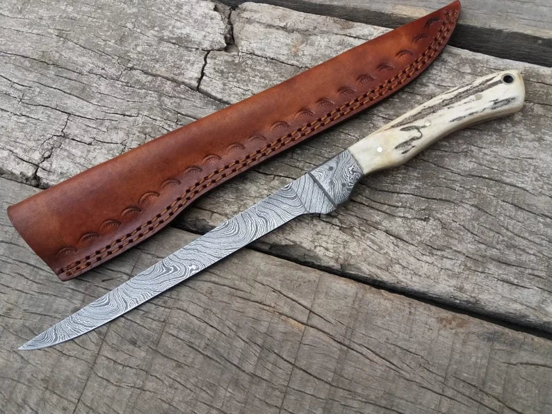 Custom Handmade Damascus Steel Fishing Fillet Knife with 13" Blade, Antler Horn Handle, and Damascus Guard, Leather Sheath Included
