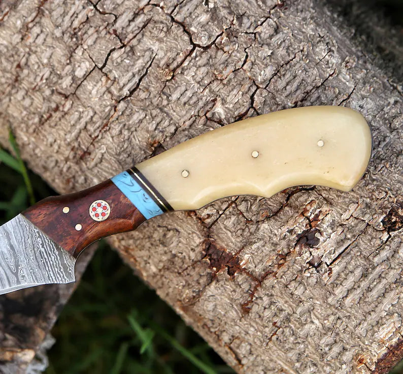 Custom Handmade Damascus Steel Fishing Fillet Knife with 13" Blade, Camel Bone and Rosewood Handle, Leather Sheath