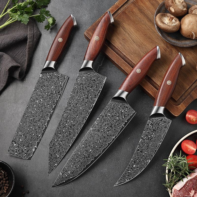 Custom Handmade Damascus Steel Kitchen Knife with 8-inch blade, rosewood handle, and steel bolster – perfect for precision cooking and stylish kitchen tools.