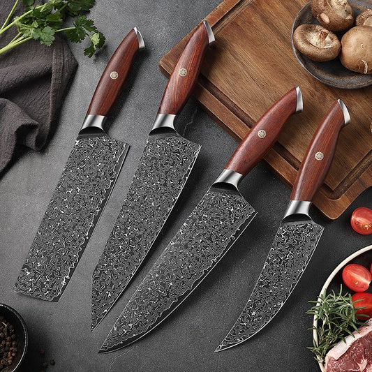Custom Handmade Damascus Steel Kitchen Knife with 8-inch blade, rosewood handle, and steel bolster – perfect for precision cooking and stylish kitchen tools.