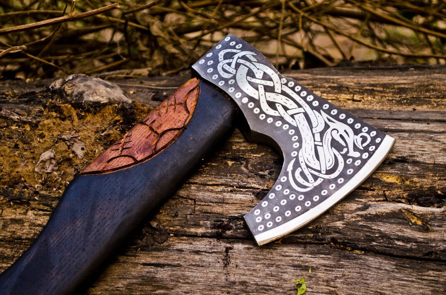 Custom Viking axe for sale with leather sheath and comfortable grip, inspired by Norse designs.
