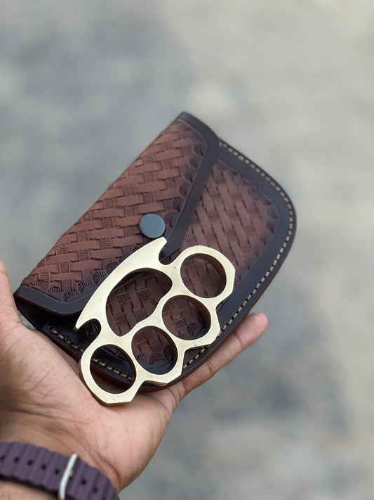 Custom Engraved Brass Knuckle Duster – Pure Brass EDC with Leather Belt Case
