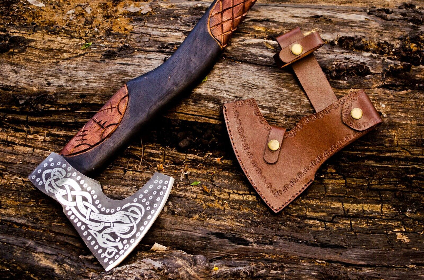 Custom forged Norse Viking battle axe with leather sheath and comfortable handle grip