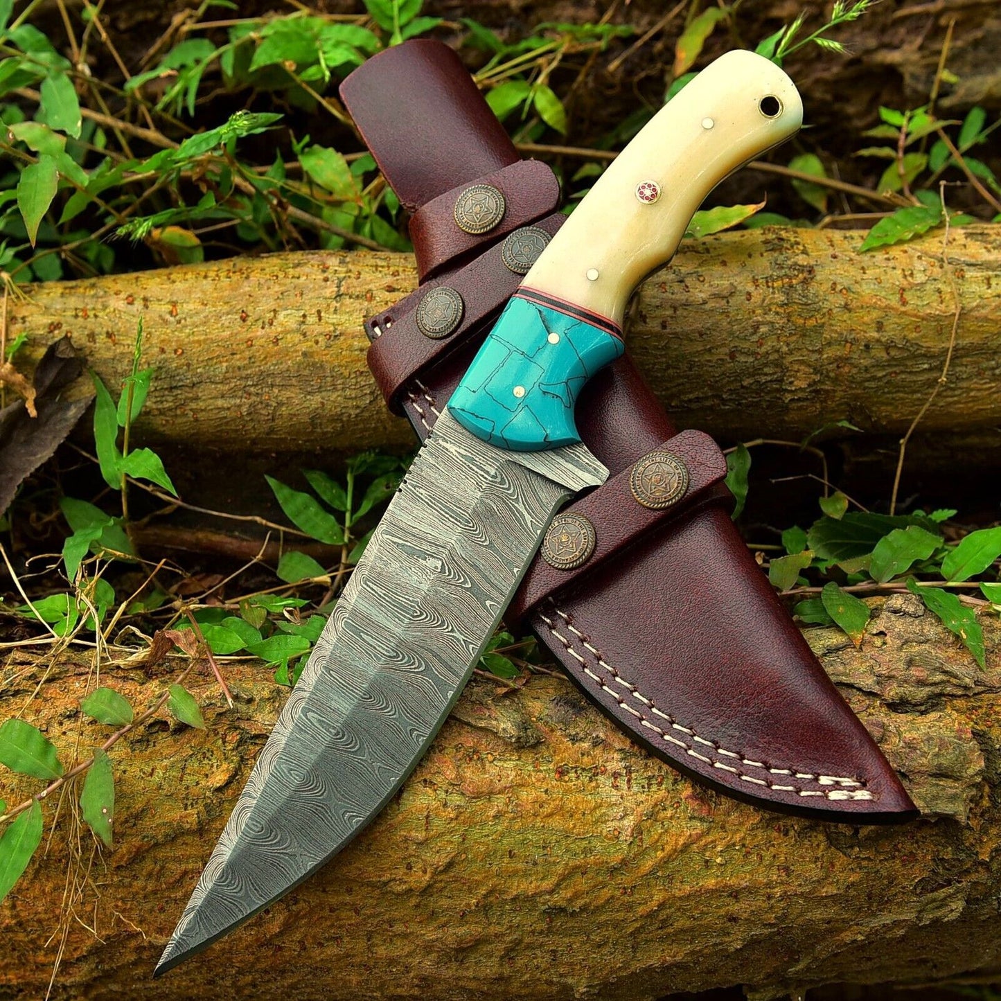 Custom handmade 10-inch Damascus steel hunting knife with camel bone and resin handle"