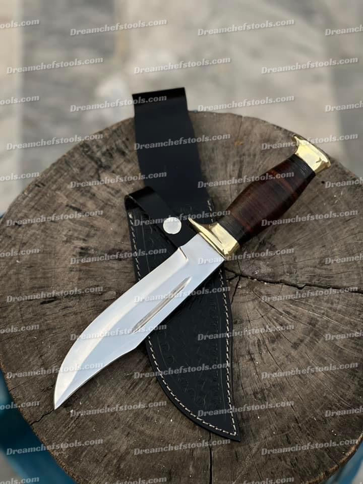 Custom handmade 13-inch D2 steel hunting Bowie knife with a leather handle, brass guard, and a beautifully crafted leather sheath