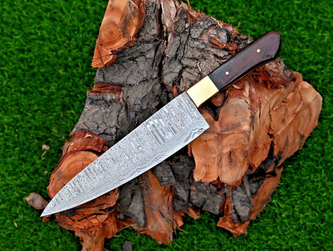 "Custom handmade 13-inch Damascus steel chef knife with brass bolster and rosewood handle"