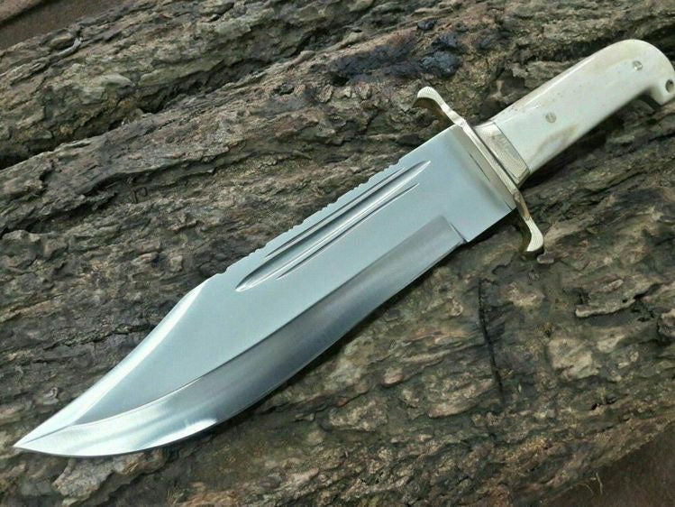 Custom handmade 16-inch D2 steel hunting Bowie knife with a bone handle, brass guard, and a beautiful handcrafted leather sheath