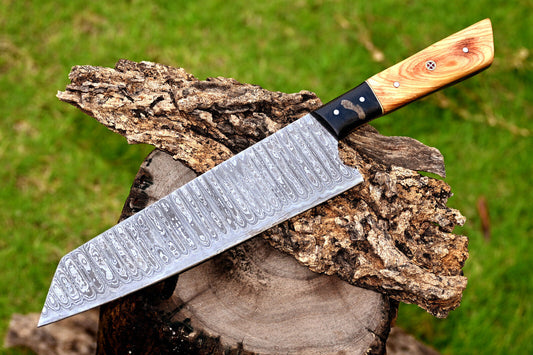 Custom handmade 7-inch Damascus chef knife with hand-forged blade, olive wood and resin handle, ideal for precise slicing, chopping, and dicing.
