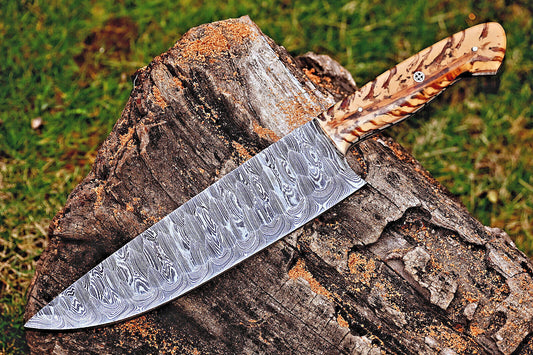 Custom handmade 7-inch chef knife by DreamChefTools with Damascus steel blade and pine cone handle