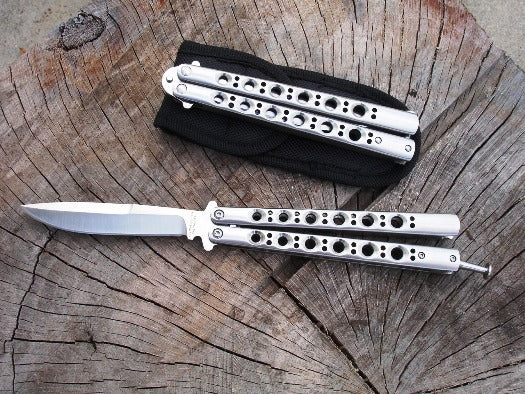 Custom handmade Balisong butterfly knife with D2 steel blade, shown with a leather case