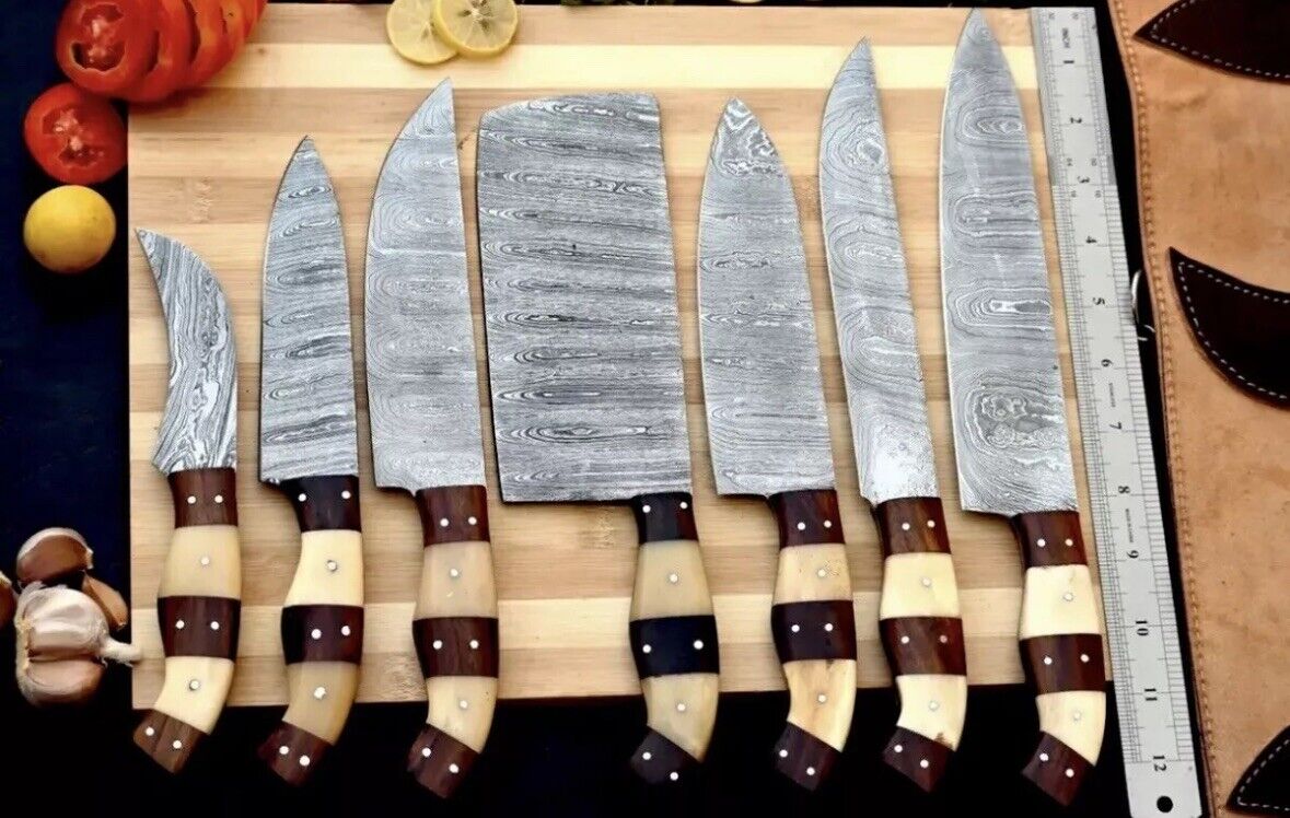Custom handmade Damascus chef knife set featuring 9 to 13-inch hand-forged blades with rosewood and olive wood handles, showcasing exquisite craftsmanship.