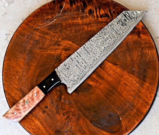 Custom handmade Damascus chef knife with 7-inch blade, featuring olive wood and resin handle, perfect for professional and home kitchen use