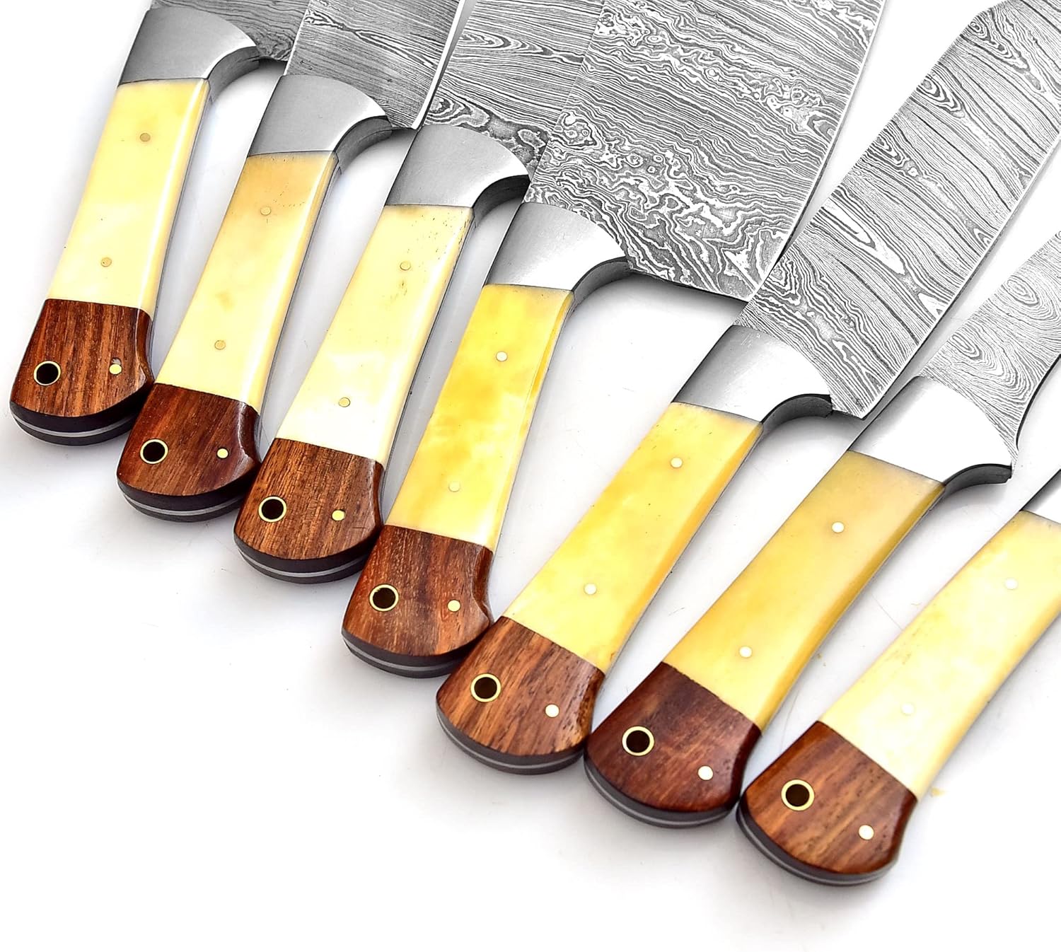 Custom handmade Damascus cooking knife set with hand-forged Damascus steel blades, rosewood and camel bone handles, and steel bolsters, ranging from 3 to 8 inches in blade length