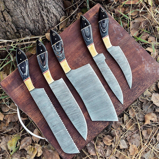 Custom handmade Damascus cooking knife set with pakkawood handles and brass bolsters