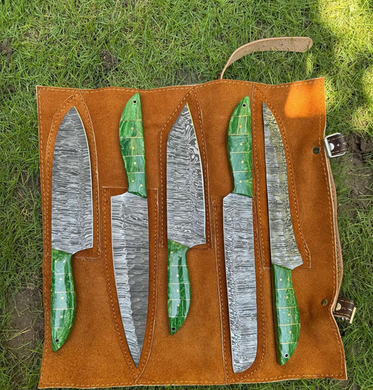 Custom handmade Damascus kitchen knife set with 7-inch hand-forged Damascus steel blade and resin handle, designed for precision cutting and durability