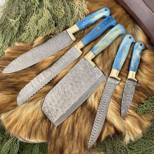 Custom handmade Damascus kitchen knife set with 9-13 inch hand-forged blades and camel bone handles