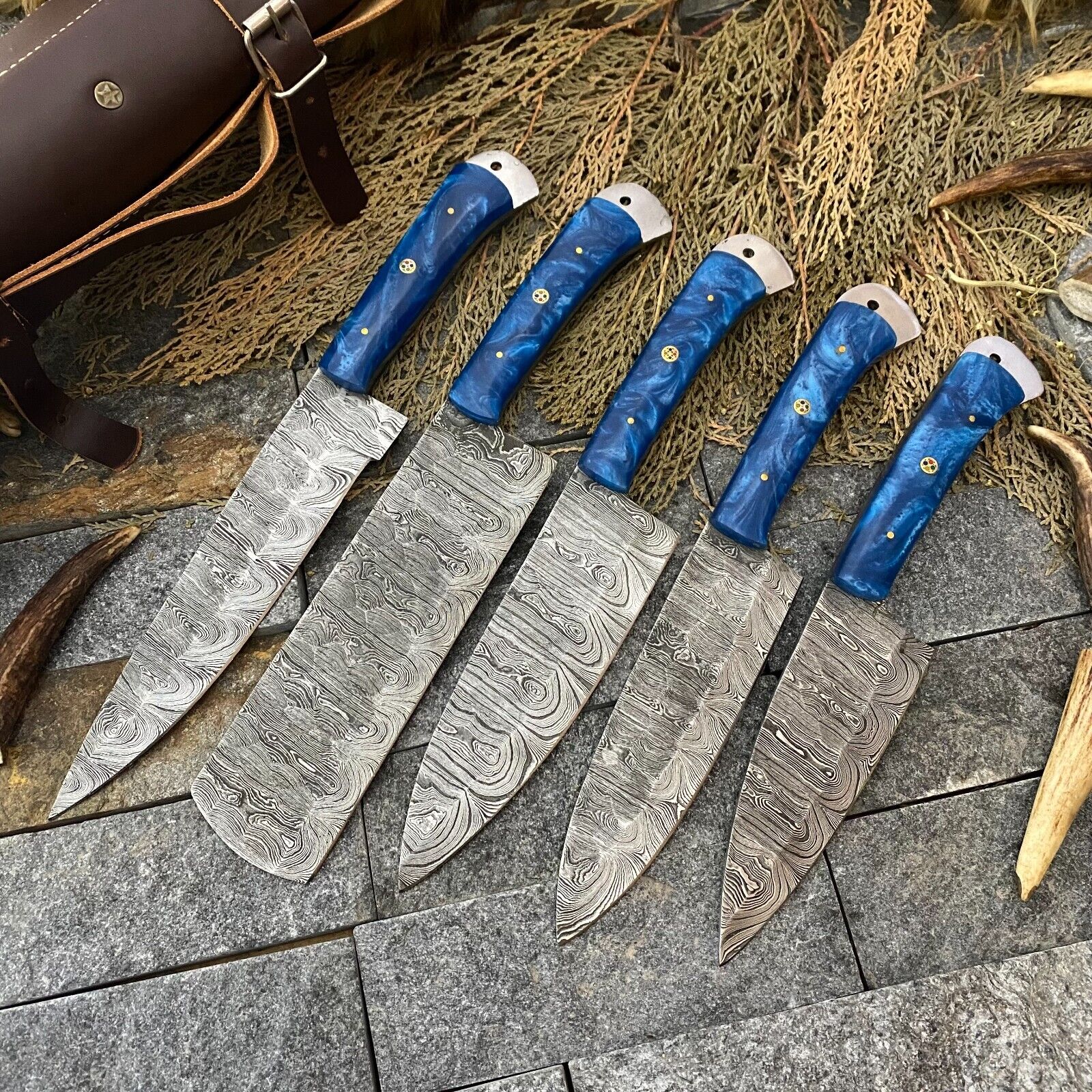 "Custom handmade Damascus kitchen knife set with resin handles, featuring hand-forged Damascus steel blades ranging from 3 to 8 inches in length, ideal for professional and home chefs